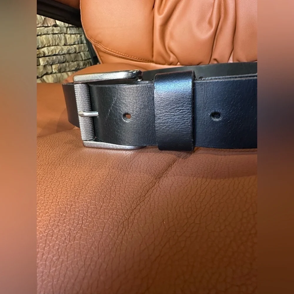 Men's Classic Black Leather Belt Size 36 Silver Buckle Jeans Trouser